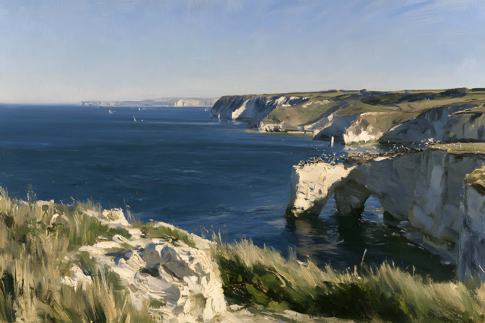 Papier peint bord de mer avec falaises blanches, arche rocheuse, côte sauvage et océan bleu ardoise
