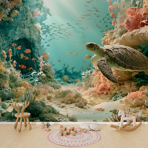 Papier Peint Panoramique Fonds Marins Enfant - Le Royaume des Tortues de Corail