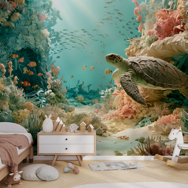 Papier peint fonds marins enfant avec tortue, coraux, poissons tropicaux, hippocampes et arche sous-marine
