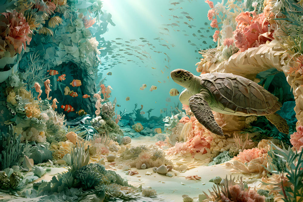 Papier peint fonds marins enfant avec tortue, coraux, poissons tropicaux, hippocampes et arche sous-marine
