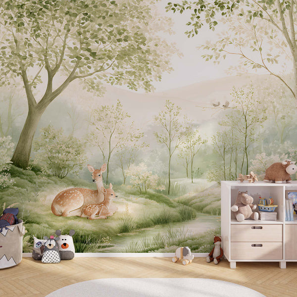 Papier Peint Panoramique Forêt Animaux Bébé - Le Bois des Petits Faons