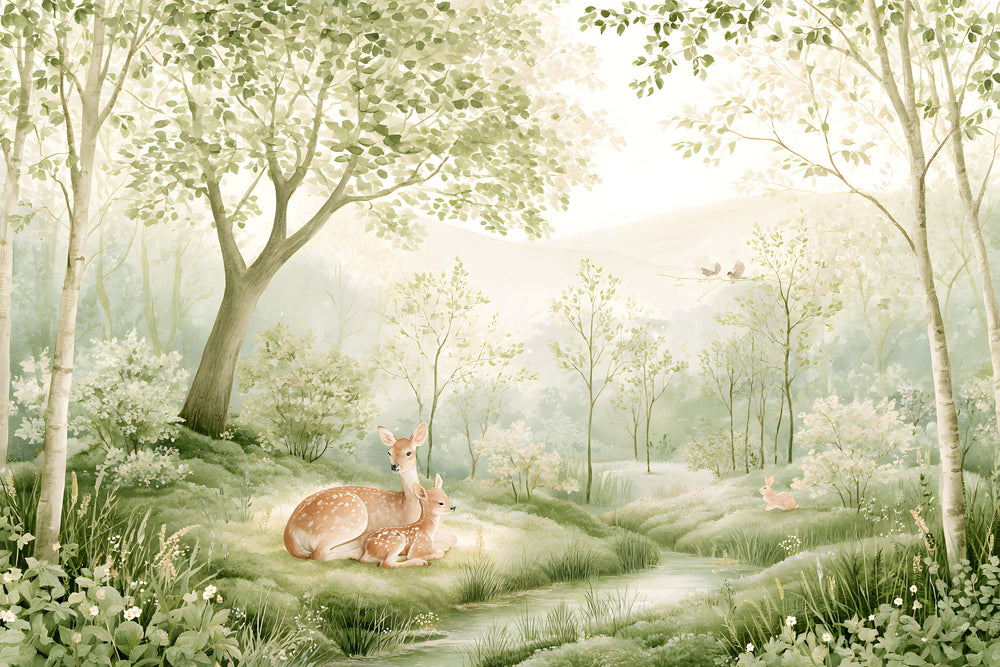 Papier peint forêt bébé avec biche, faon, lapin, oiseaux, bouleaux et clairière vert sauge
