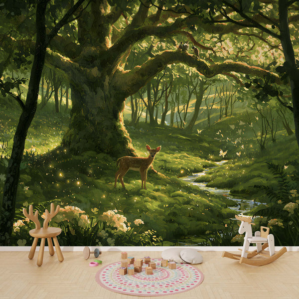 Papier Peint Panoramique Forêt Enchantée Enfant - Le Chêne aux Lucioles