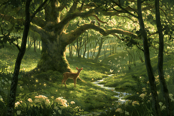 Papier Peint Panoramique Forêt Enchantée Enfant - Le Chêne aux Lucioles