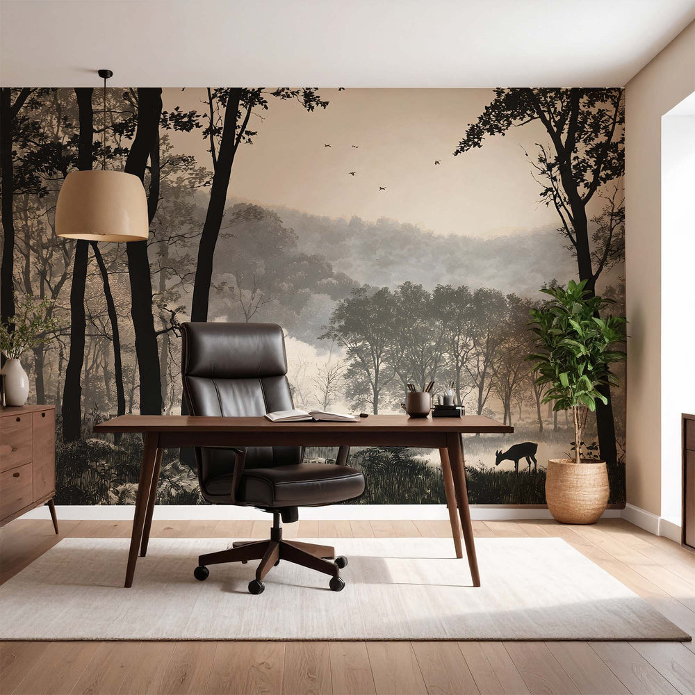 Papier Peint Panoramique Forêt Noir et Blanc - Les Bois d'Encre