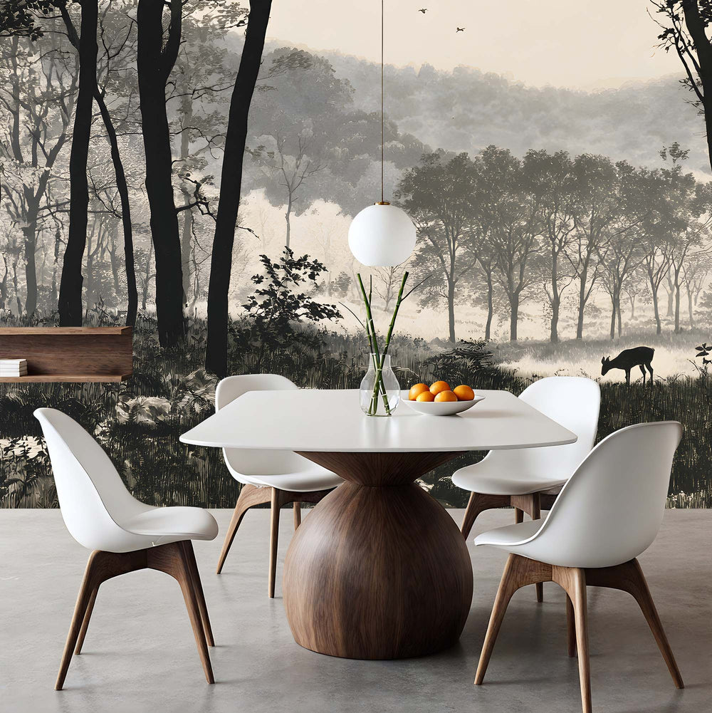 Papier Peint Panoramique Forêt Noir et Blanc - Les Bois d'Encre