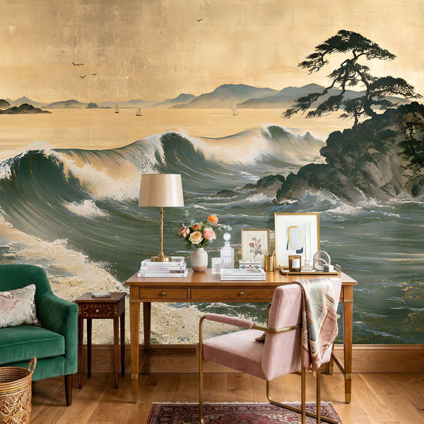 Papier Peint Panoramique Grande Vague Japonaise - La Mer d'Or et de Jade