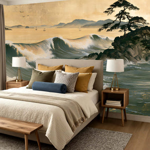 Papier Peint Panoramique Grande Vague Japonaise - La Mer d'Or et de Jade