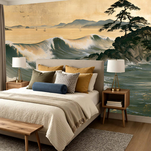 Papier Peint Panoramique Grande Vague Japonaise - La Mer d'Or et de Jade