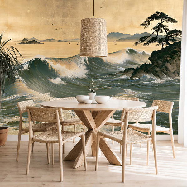 Papier Peint Panoramique Grande Vague Japonaise - La Mer d'Or et de Jade