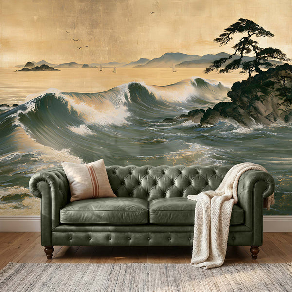 Papier Peint Panoramique Grande Vague Japonaise - La Mer d'Or et de Jade