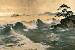 Papier Peint Panoramique Grande Vague Japonaise - La Mer d'Or et de Jade