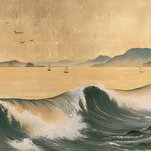 Papier Peint Panoramique Grande Vague Japonaise - La Mer d'Or et de Jade