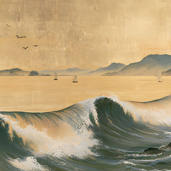 Papier Peint Panoramique Grande Vague Japonaise - La Mer d'Or et de Jade
