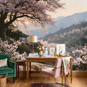 Papier Peint Panoramique Japonais Cerisier en Fleurs - Le Cerisier du Pavillon Clair