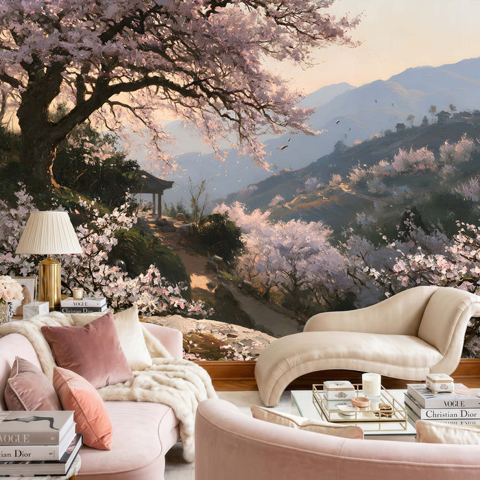 Papier Peint Panoramique Japonais Cerisier en Fleurs - Le Cerisier du Pavillon Clair