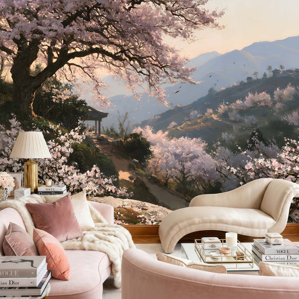 Papier peint japonais avec cerisier en fleurs, pavillon, vallée arborée et montagnes bleutées
