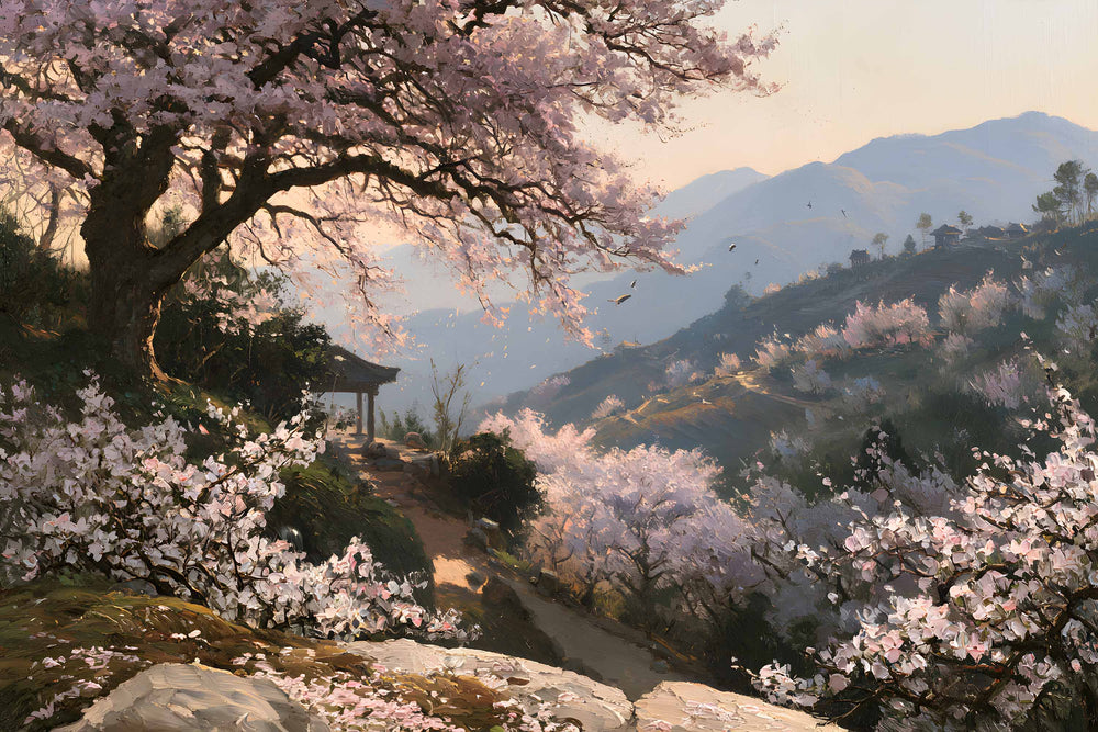 Papier peint japonais avec cerisier en fleurs, pavillon, vallée arborée et montagnes bleutées
