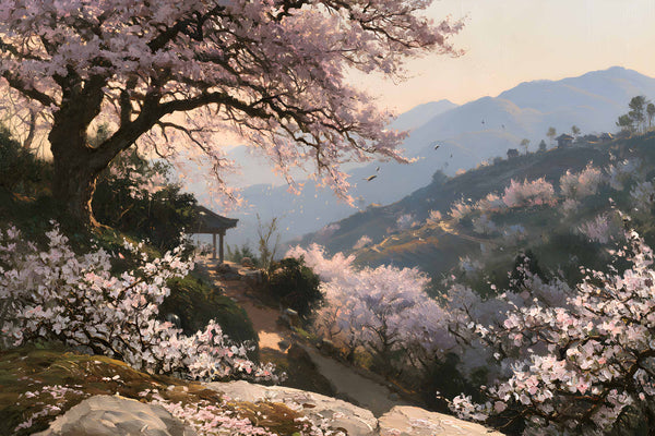 Papier Peint Panoramique Japonais Cerisier en Fleurs - Le Cerisier du Pavillon Clair