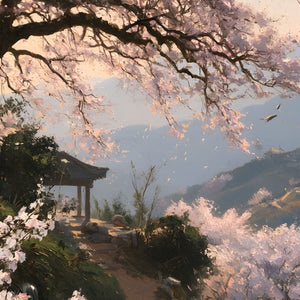 Papier Peint Panoramique Japonais Cerisier en Fleurs - Le Cerisier du Pavillon Clair