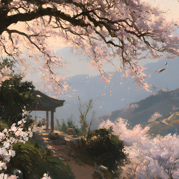 Papier Peint Panoramique Japonais Cerisier en Fleurs - Le Cerisier du Pavillon Clair