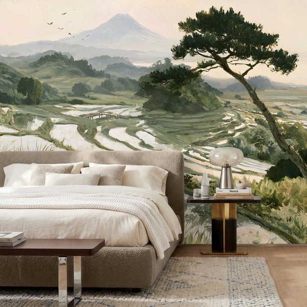 Papier Peint Panoramique Japonais Rizières - Les Rizières du Soleil Pâle