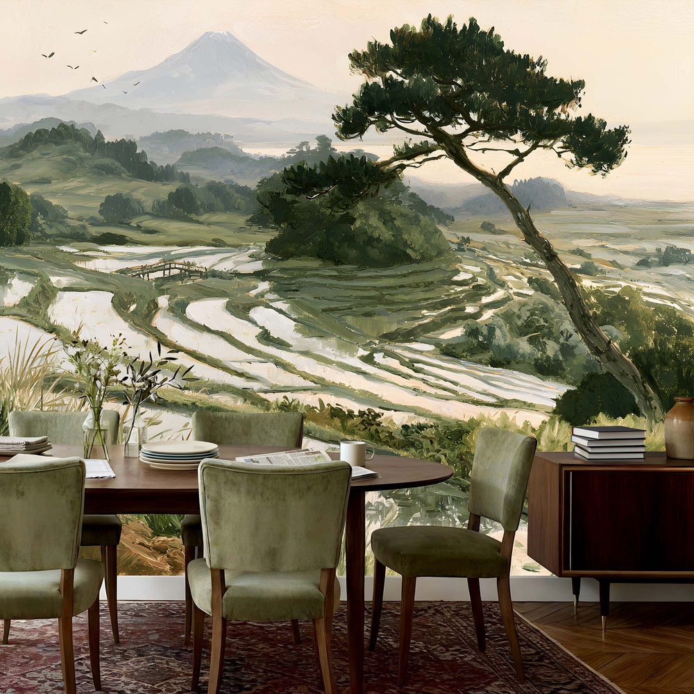 Papier Peint Panoramique Japonais Rizières - Les Rizières du Soleil Pâle