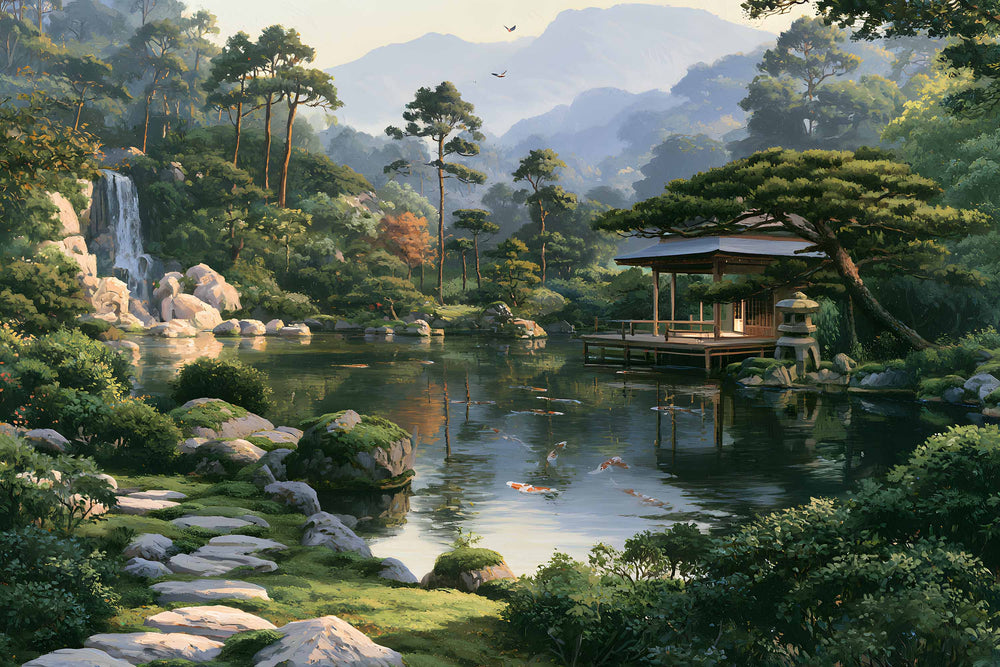 Papier peint jardin japonais zen avec carpes koï, pont rouge, cascade, maison japonaise et mont Fuji
