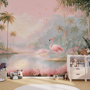 Papier Peint Panoramique Jungle Bébé Rose Poudré - Jardin des Flamants Poudrés