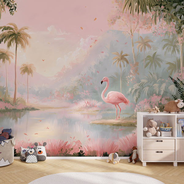 Papier Peint Panoramique Jungle Bébé Rose Poudré - Jardin des Flamants Poudrés