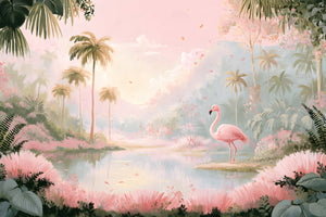 Papier Peint Panoramique Jungle Bébé Rose Poudré - Jardin des Flamants Poudrés
