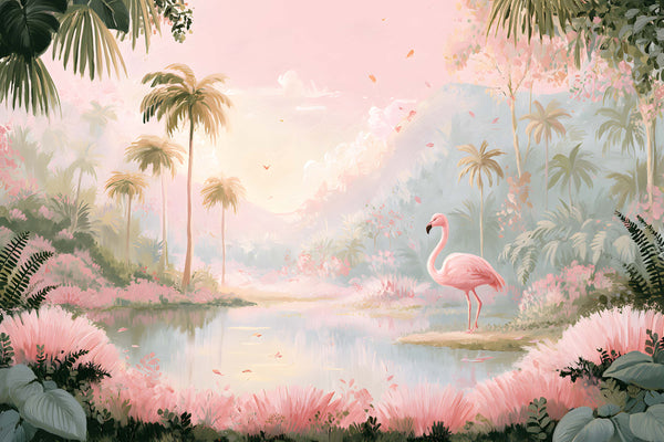 Papier Peint Panoramique Jungle Bébé Rose Poudré - Jardin des Flamants Poudrés