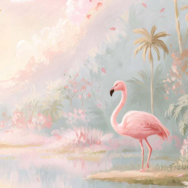 Papier Peint Panoramique Jungle Bébé Rose Poudré - Jardin des Flamants Poudrés