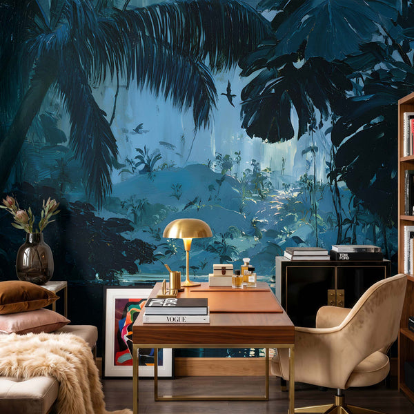Papier Peint Panoramique Jungle Bleu Nuit - Jungle de Minuit
