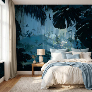 Papier Peint Panoramique Jungle Bleu Nuit - Jungle de Minuit