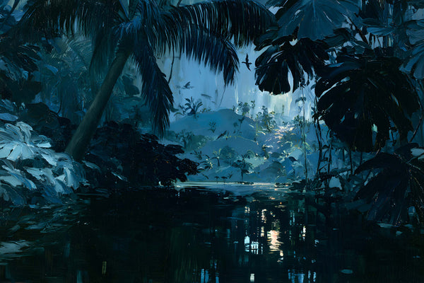 Papier Peint Panoramique Jungle Bleu Nuit - Jungle de Minuit