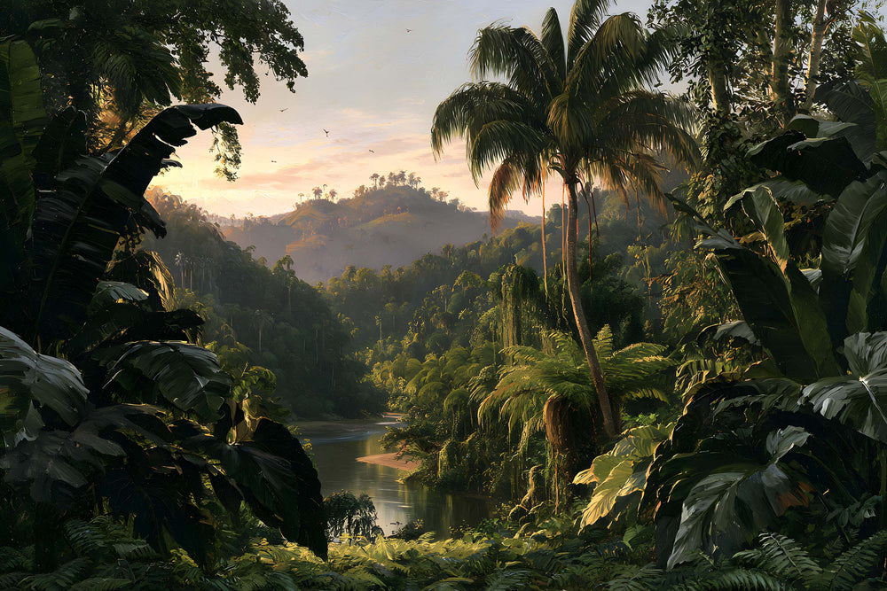 Papier peint jungle vert émeraude avec palmiers, rivière et reliefs tropicaux baignés de lumière dorée
