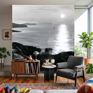 Papier Peint Panoramique Mer Noir et Blanc - Les Caps du Dernier Soleil