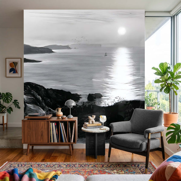 Papier Peint Panoramique Mer Noir et Blanc - Les Caps du Dernier Soleil