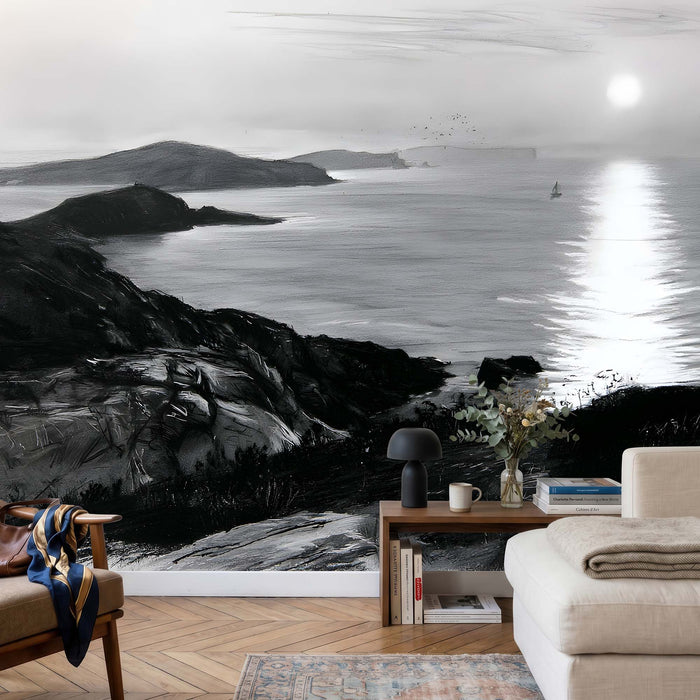 Papier Peint Panoramique Mer Noir et Blanc - Les Caps du Dernier Soleil