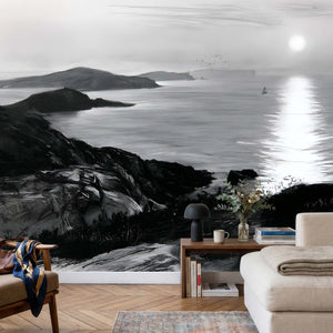 Papier peint mer noir et blanc avec caps rocheux, oiseaux, voile lointaine et soleil rasant
