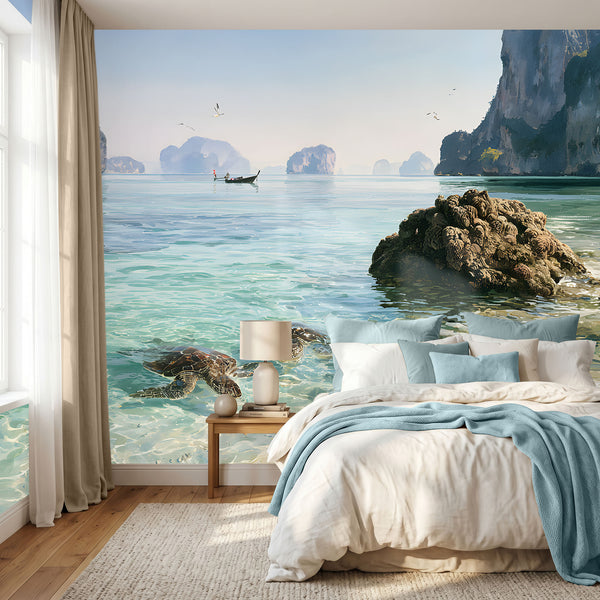 Papier Peint Panoramique Mer Tropicale - Le Lagon des Tortues de Siam