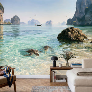 Papier peint mer tropicale avec lagon turquoise, tortues marines, plage blanche et îlots calcaires
