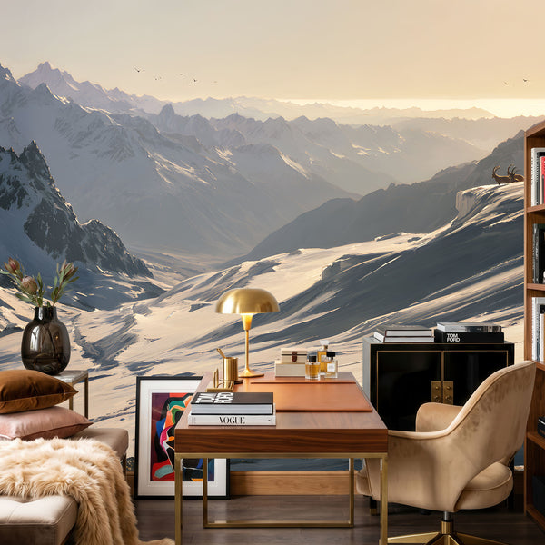 Papier Peint Panoramique Montagne Enneigée - Le Plateau sous la Neige Dorée