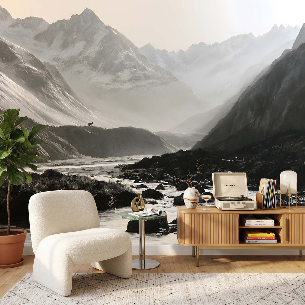 Papier peint montagne noir et blanc avec lac miroir, barque, aigle et chaîne de sommets monumentaux
