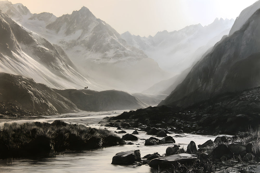 Papier peint montagne noir et blanc avec lac miroir, barque, aigle et chaîne de sommets monumentaux

