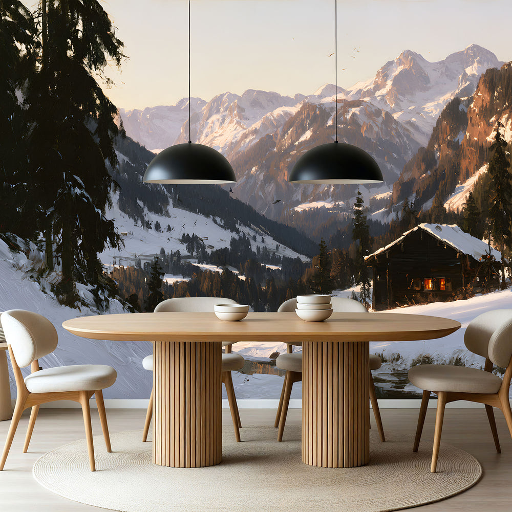 Papier Peint Panoramique Montagne Style Chalet - Le Chalet sous les Sommets Blancs
