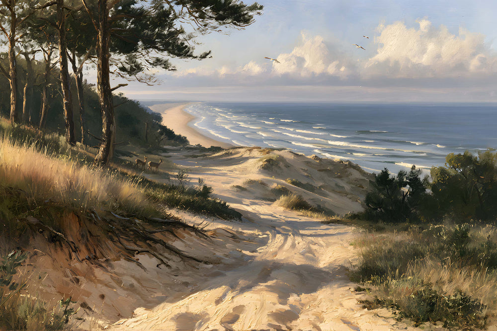 Papier peint océan Atlantique avec forêt de pins, dunes blondes, plage sauvage et horizon marin
