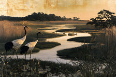Papier Peint Panoramique Oiseaux Japonais Or Patiné - Le Marais aux Feuilles d'Or