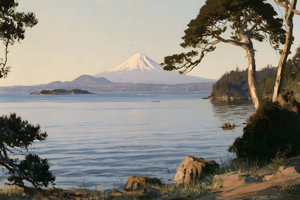 Papier Peint Panoramique Paysage Japonais Mont Fuji - Le Fuji au-dessus du Lac d'Azur